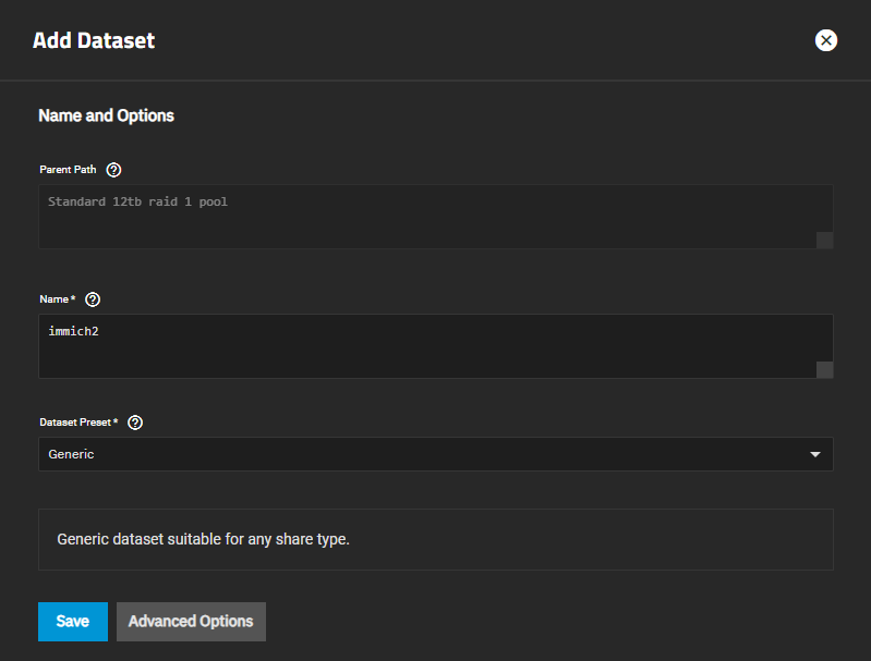 creating dataset called immich 